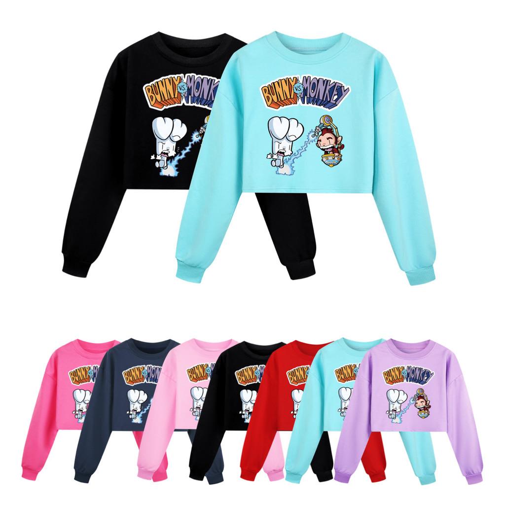 4187 Kinder Mädchen Kaninchen Affe Aufdruck Lässiger Langarm Kurzer Stil Sweatshirt