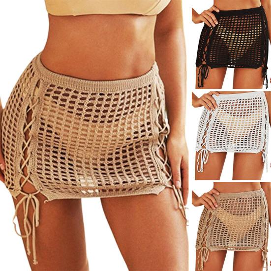 Beach Skirt Solid Color Drawstring Sexy Hollow Out Hight Waist Summer Skirt Holiday Clothes