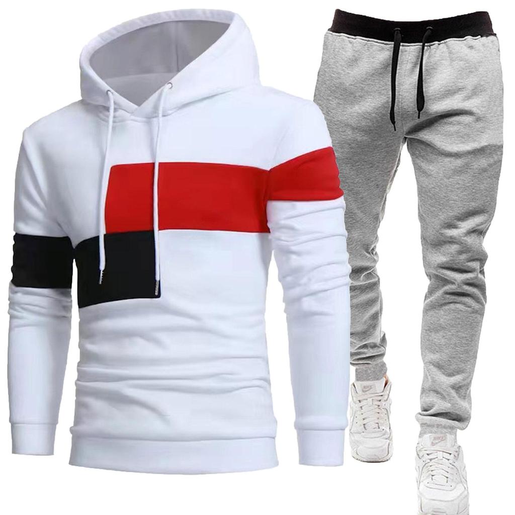 2024 Men's 3-Piece Fleece-Lined Patchwork Hoodie Sportswear Set