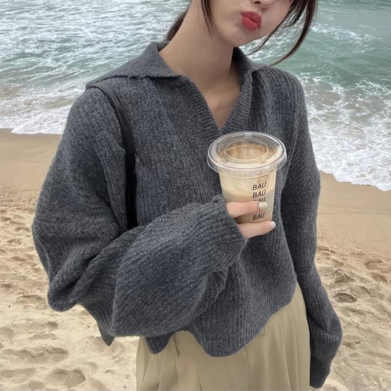 Korean Chic Autumn Winter Half Open Neck Loose Casual Solid Sweet Girl Tops All-match Lantern Sleeve Knitted Sweater Women 30988