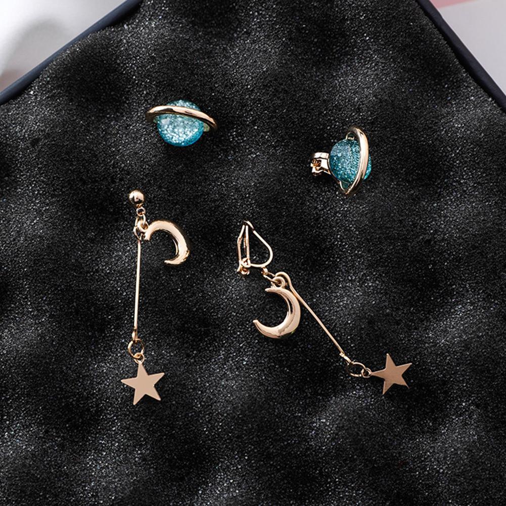Woman Stylish Elegant Star Moon Shaped Asymmetric Universe Element Earrings