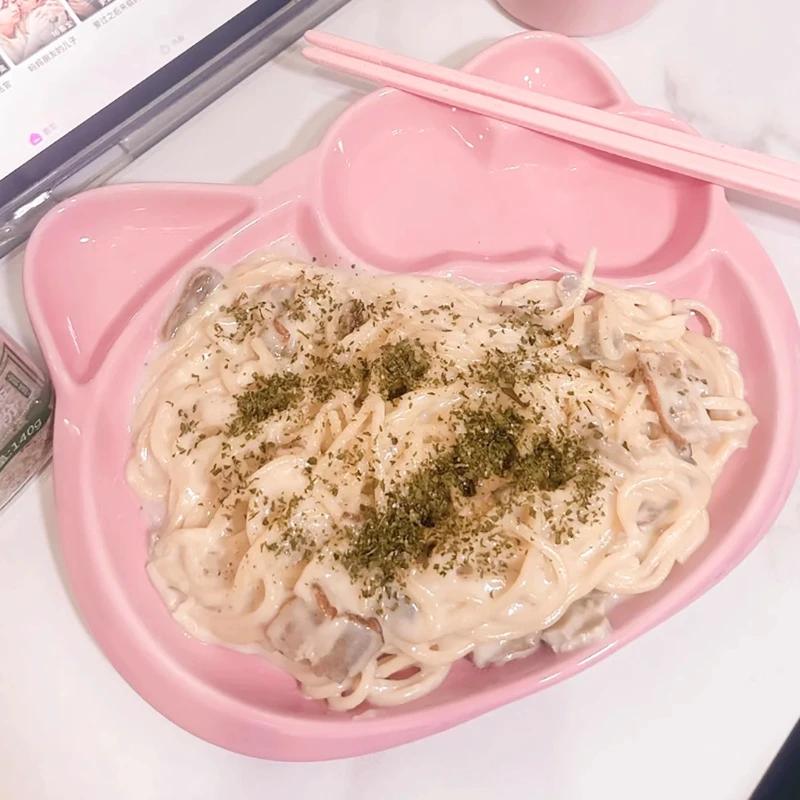 Cute Cat Bow Tie Ceramic Plate, Household Cartoon Grid Dumpling Plate, Noodle Salad Fruit Plates,Exquisite Kitchen Utensils Gift