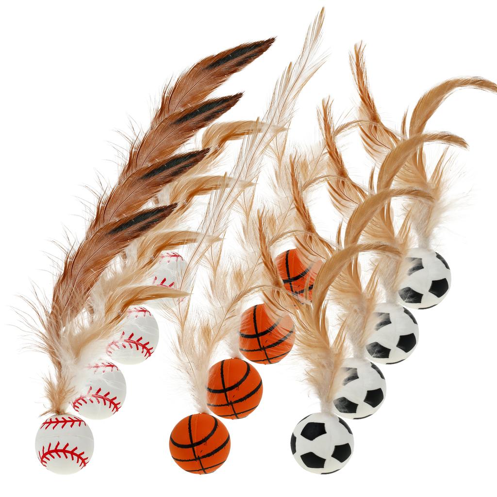 12Pcs Feather Ball Cat Toy Rubber Bouncy Balls Cat Interactive Ball Toys Indoor Pet Training Catcher Chew Toy for Kitten Playing