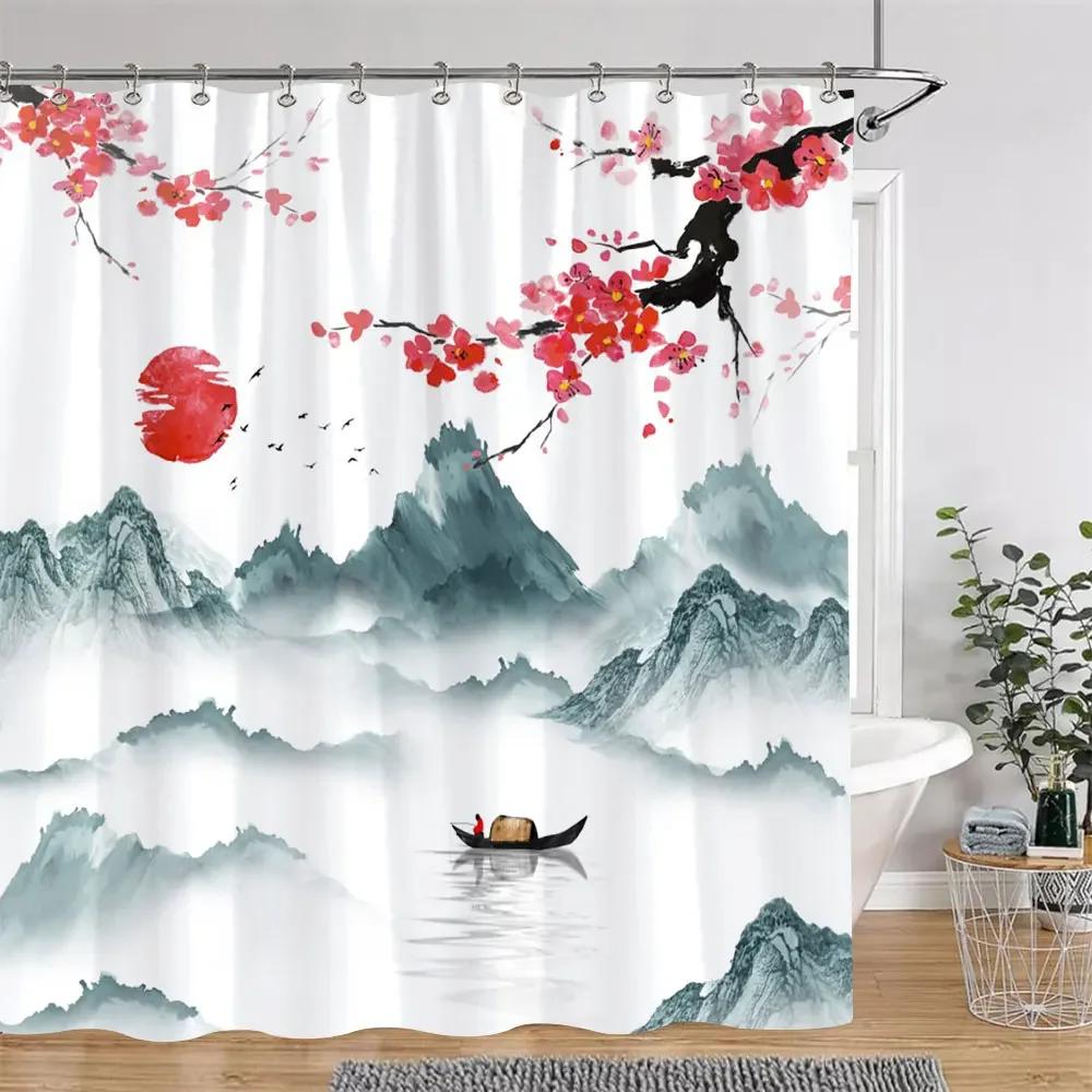 Chinese Japanese Cherry Blossom Ink Painting Shower Curtain Landscape Waves Art Creative Polyester Bath Curtains Bathroom Decor
