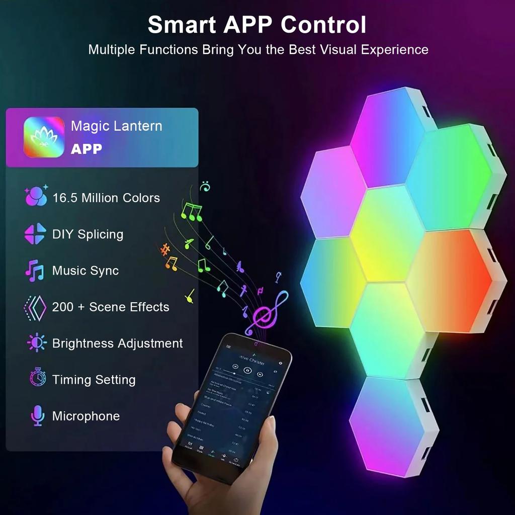 RGB Smart Hexagonal Wall Lamp Color Changing Ambient Night Light DIY Shape Music Rhythm APP For Game Room Bedroom Intelligent