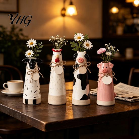 Rustic Home Office Accents Resin Cute Animal Vase, Farmhouse Decorative Flower Holder for Bookshelf Ornaments Decor, Pig/Cow/Sheep/Chicken Arrangement