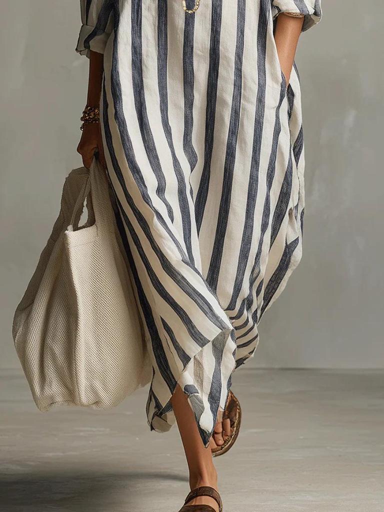 European & American V-Neck Striped Long Sleeve Summer Shirt Dress for Women
