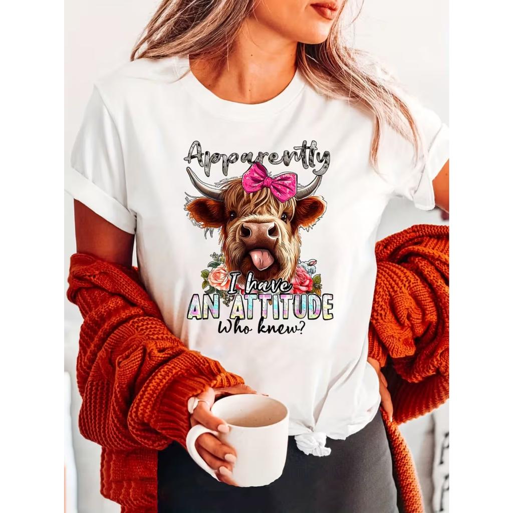 Cow Print Crew Neck T-shirt, Short Sleeve Casual Top for Summer & Spring, Women's Clothing