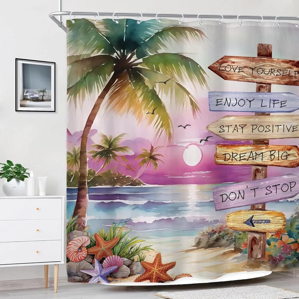 Ins Tropical Beach Palm Tree Shower Curtain Bathroom Decoration Coastal Sunset Landscape Art Waterproof Shower Curtain