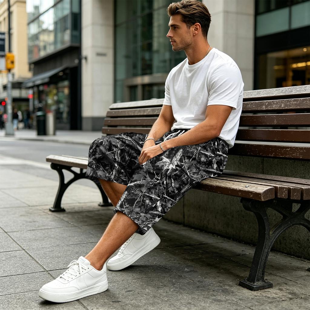 Calções Cargo Camuflados para Homem com Cintura de Cordão - Calções Casuais com Vários Bolsos para Aventuras ao Ar Livre