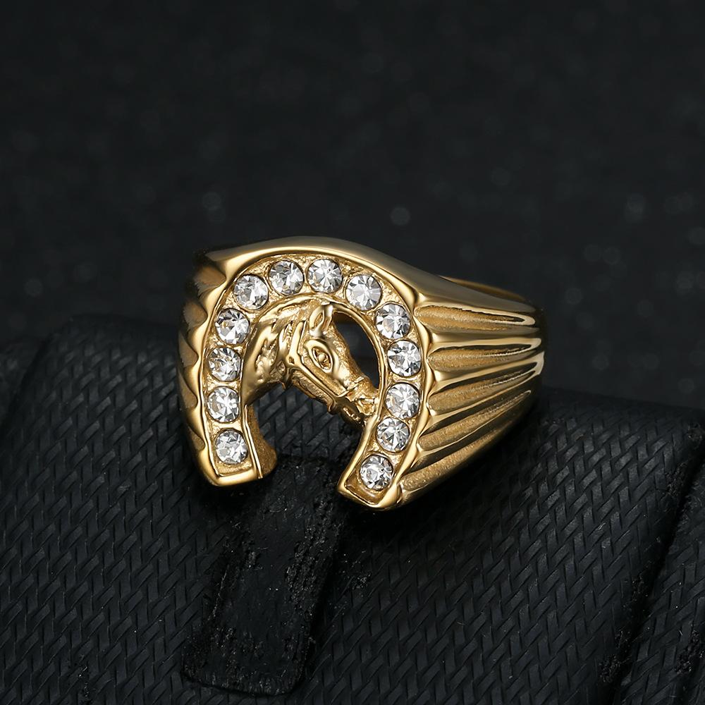 New Hip-Hop Jewelry Titanium Steel Gold-Plated Diamond-Studded Horse Head Men's Ring