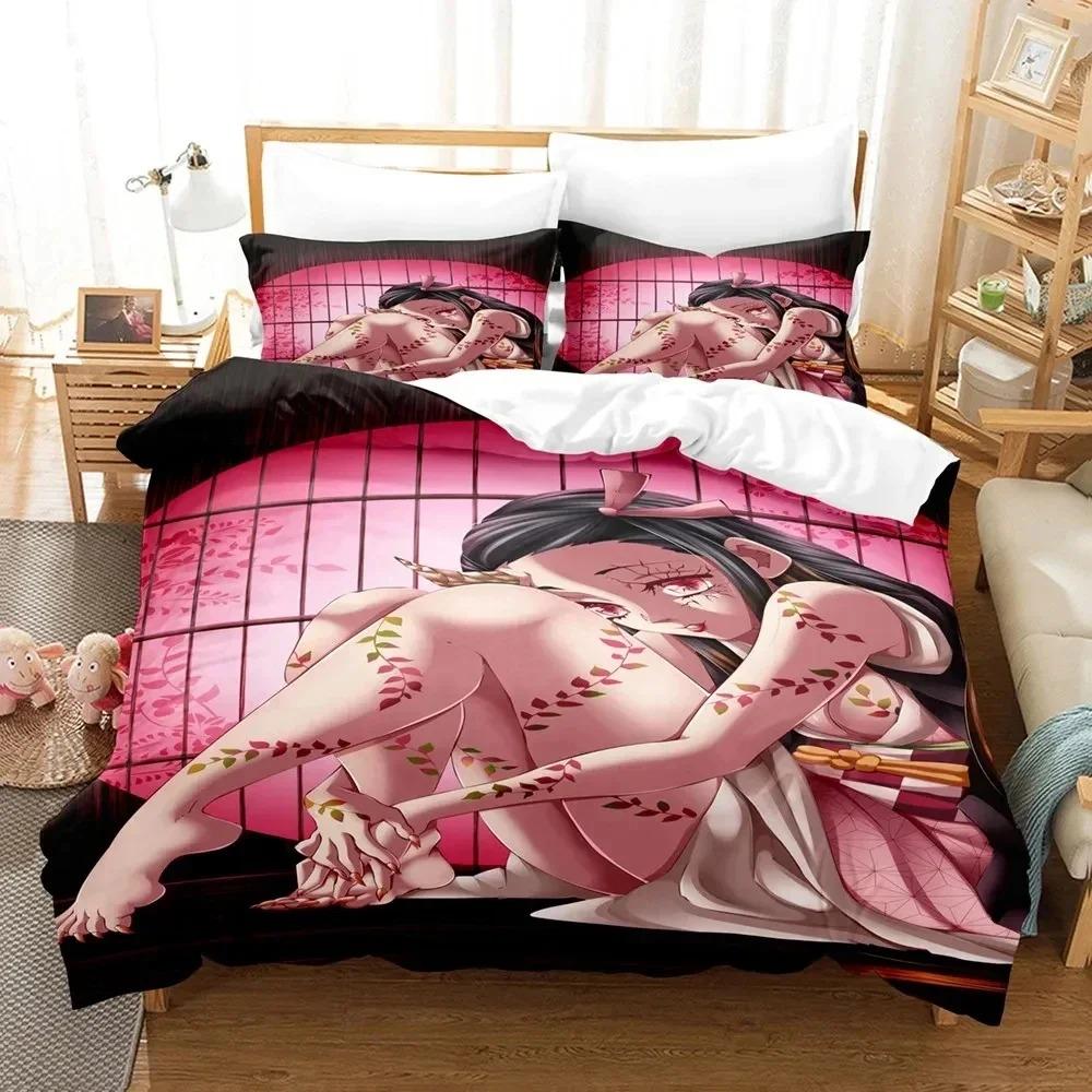 Anime Demon Slayer Nezuko Sängkläder Set Påslakan Sängset Täcke Örngott Täcke king Queen Size Pojkar Vuxen