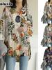 Long Sleeve Loose Fit Cotton Linen Printed Tunic Top for Women