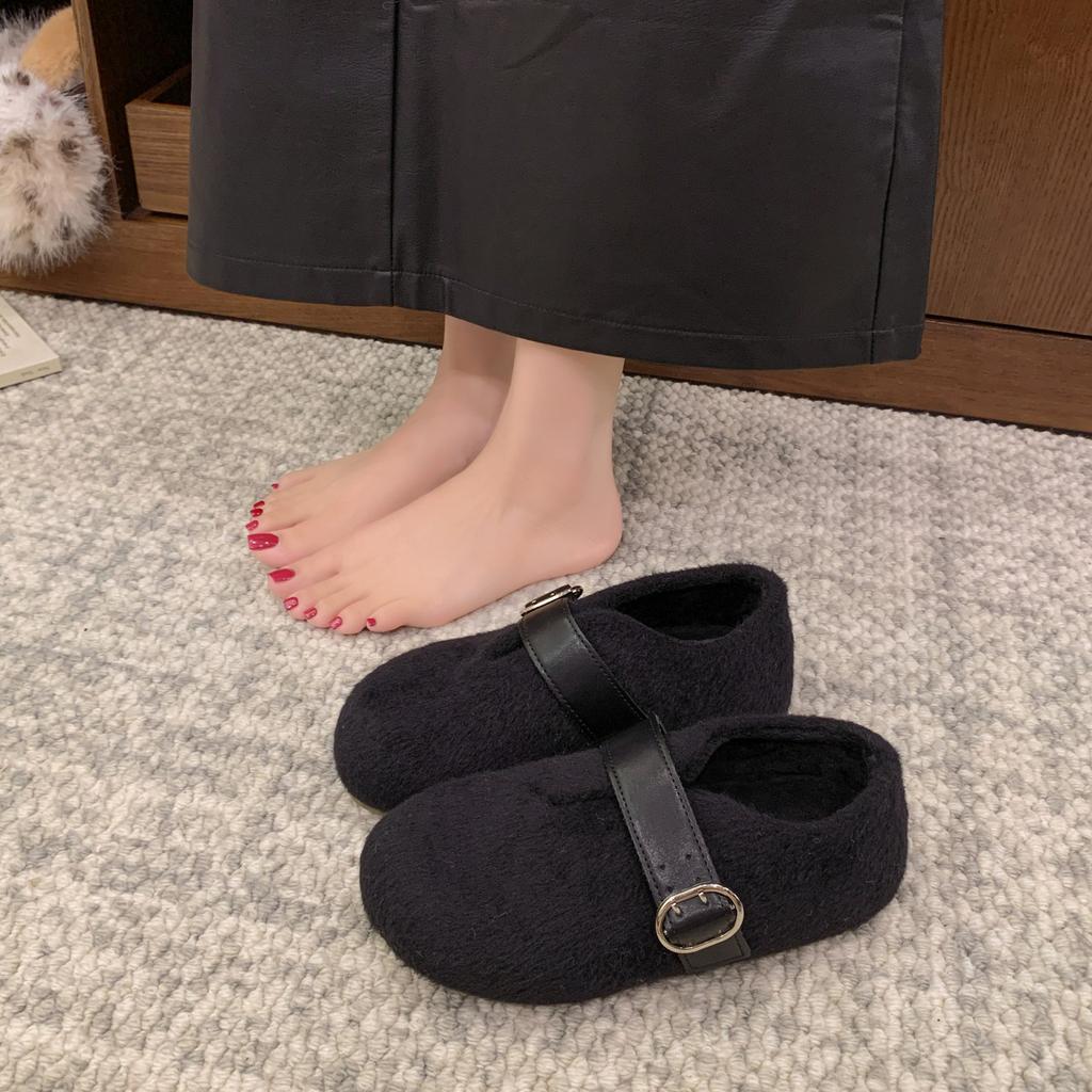 Retro fleece leather~ Soft leather flat-bottomed Mary Jane shoes women's 2025 autumn fleece round head belt buckle light mouth single shoes plush