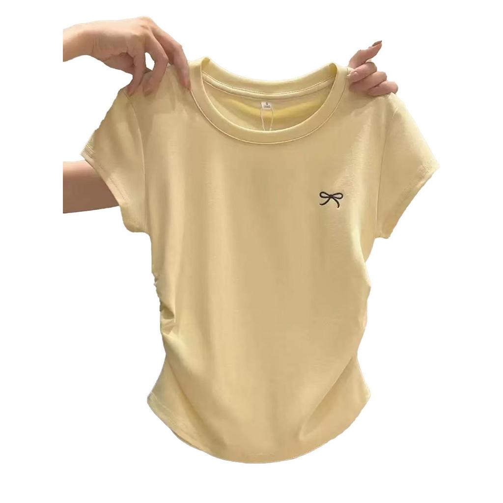 Nueva Camiseta de Verano de Manga Corta con Hombro Descubierto, Versátil Versión Coreana Ajustada Talla Grande Top Ligeramente Gordito con Ceñido a la Cintura y Efecto Adelgazante