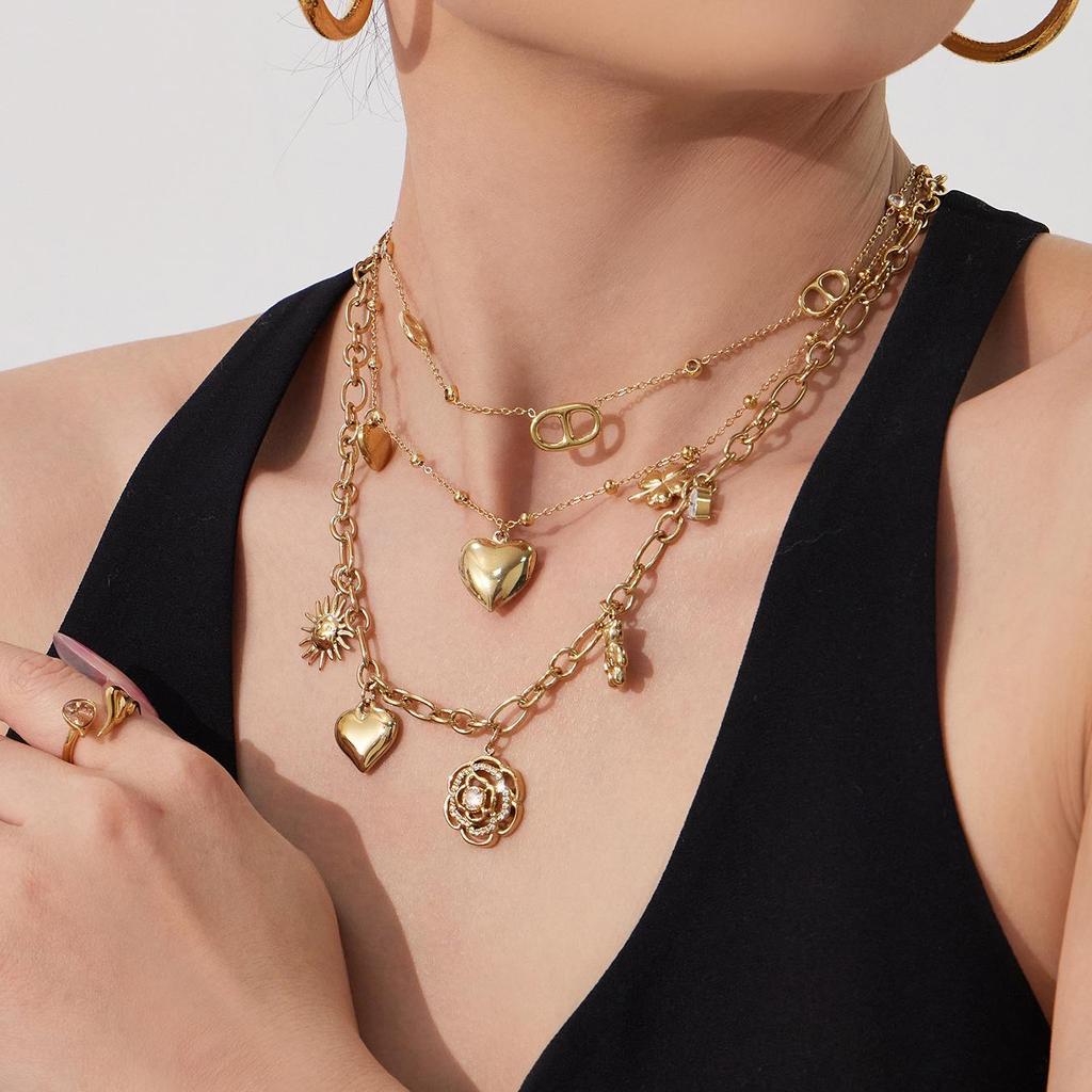 18K Gold Plated Stainless Steel Double Layer Heart Pendant Necklace