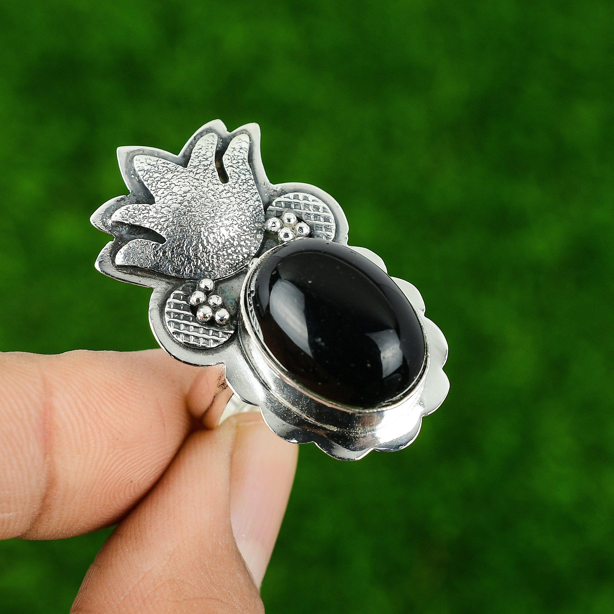 

Black Onyx Stone 925 Sterling Silver Bezel Anniversary Solitaire Ring Jewelry Adjustable