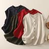 Top Estivo Casual da Donna in Misto Lino Beige Senza Maniche con Scollo Arricciato e Abbottonatura