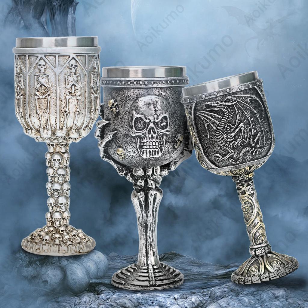 Medieval Goblet Dragon Chalice Silver Skulls Bones Fantasy Dragon Blood Wine Goblet Stainless Steel Halloween Coffee Beer Cup