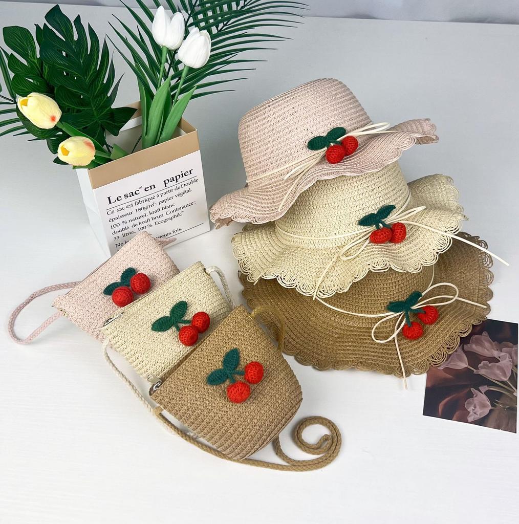 Children Straw Hat + Shoulder Bag Summer Kids Girl Baby 2pcs Set Cute Cherry Bucket Hat For Outdoor Beach Holiday