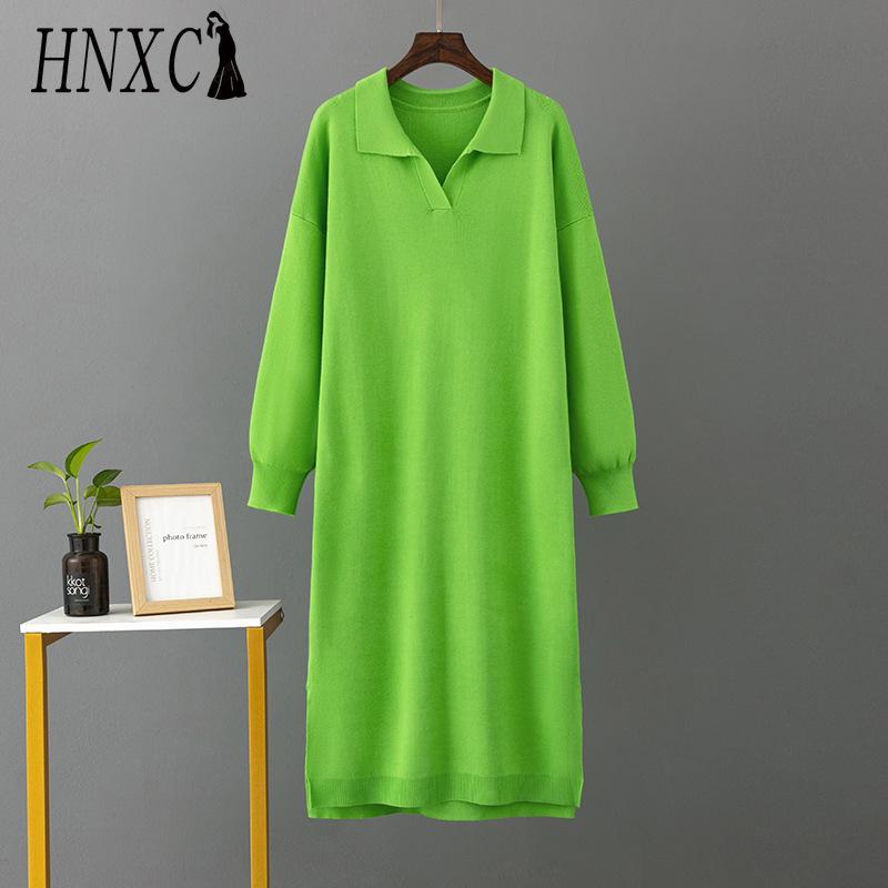 HNXC Rochii de toamnă-iarnă tricotate largi pentru femei, cu guler polo de culoare solidă, cu căptușeală