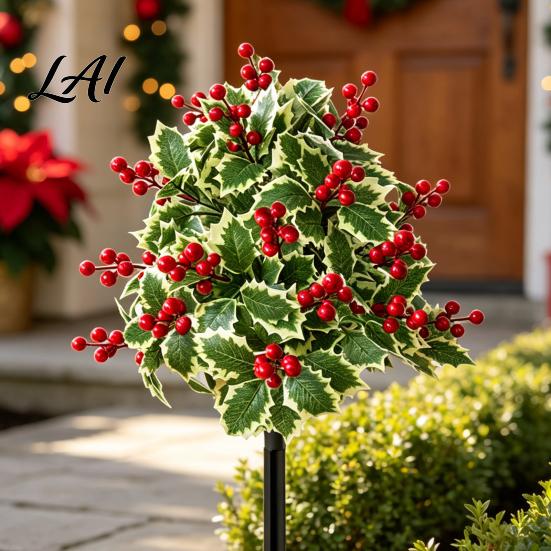 Outdoor Patio Christmas Accents Artificial Poinsettia Flower Yard Stake Red Floral Ground Spike Decor Potted Pine for Weather‑Resistant Fake Plant