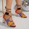 Fashion Multicolor Block Heel Sandals Summer New Round Toe Open Toe Front Strappy Anti-Slip Wear-Resistant High Heels