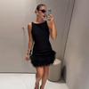 Elegant Mini Dress Women Loose Round Neck Patchwork Feather Sleeveless Robe Female 2024 Fashion Solid Party Chic Evening Dresses