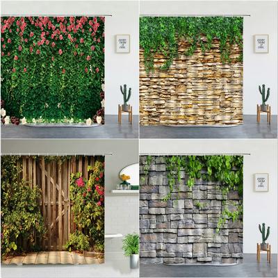 Fleurs Plante Paysage Rideaux de Douche Ensemble Floral Feuille Verte Paysage Jardin Décoration Murale Décor de Salle de Bain Écran avec Crochets