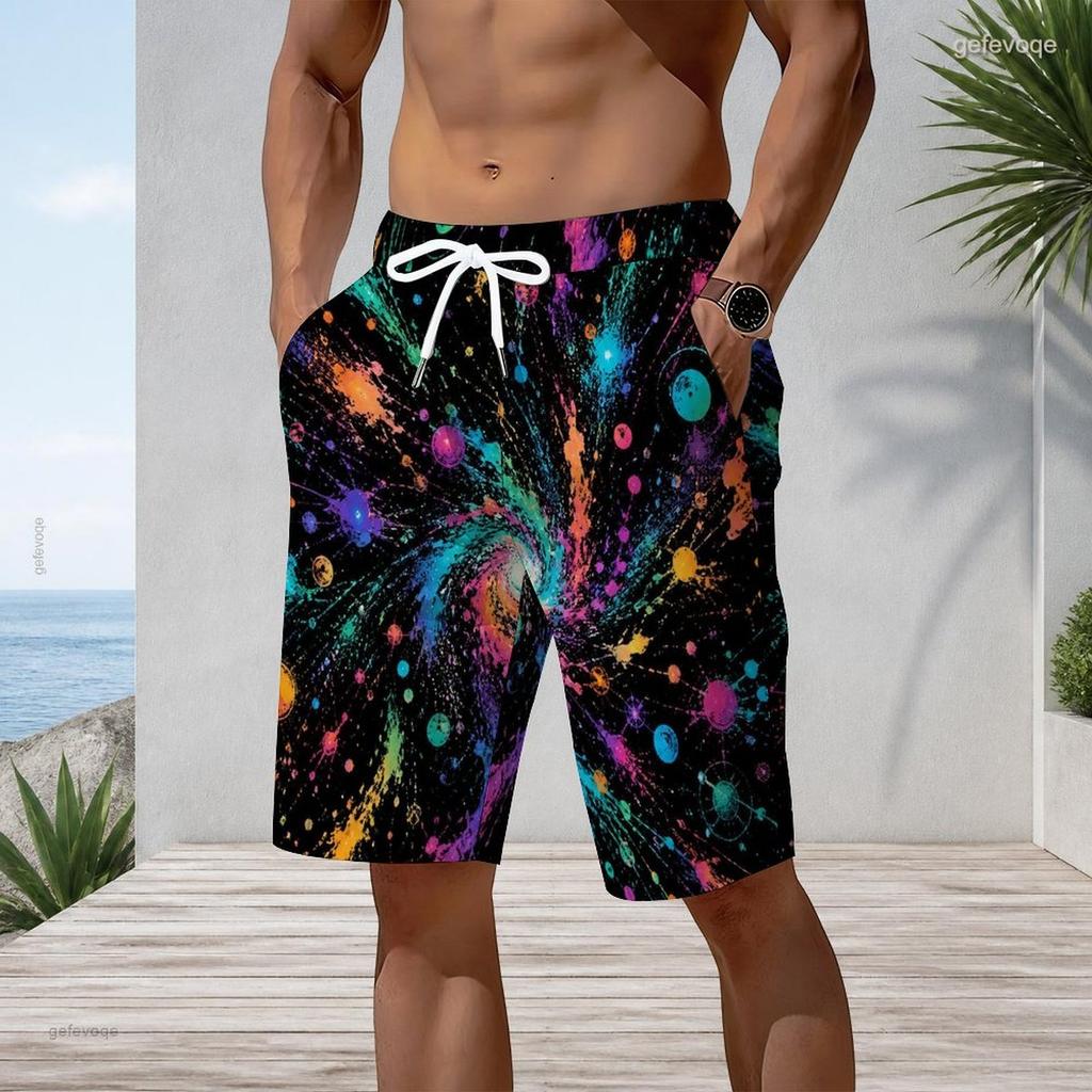 Men Plus Size Abstract Gradient Print Beach Shorts Elastic Waist Drawstring Loose Casual Shorts With Pockets For Swimming Surfing Summer Vacation
