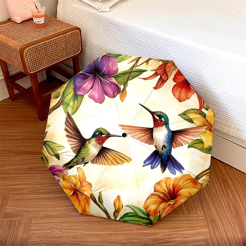 1 PC Automatic Folding Umbrella - Hummingbirds Floral Pattern, Portable & Foldable Design with 8 Ribs, Christmas Birthday Gifts