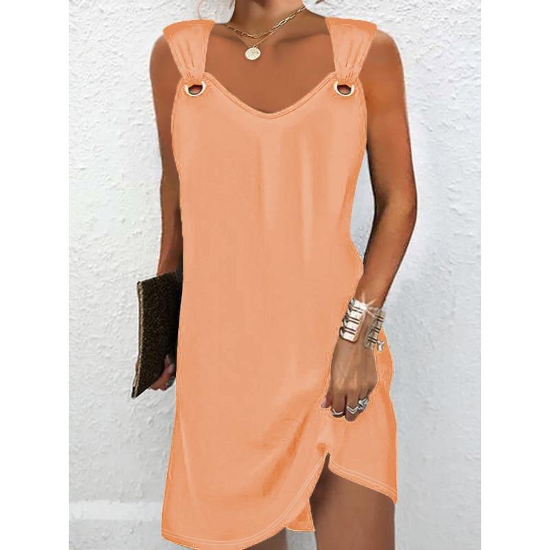 QICED Fashion Summer Spring Solid Color Print Sleeveless V-Neck Casual Dresses