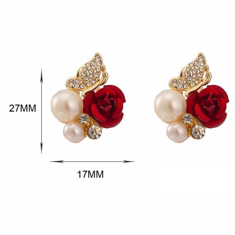 Orecchini a perno Rosa Rossa Zirconia Cubica Finta Perla Lega Pendente Gioielli Regalo