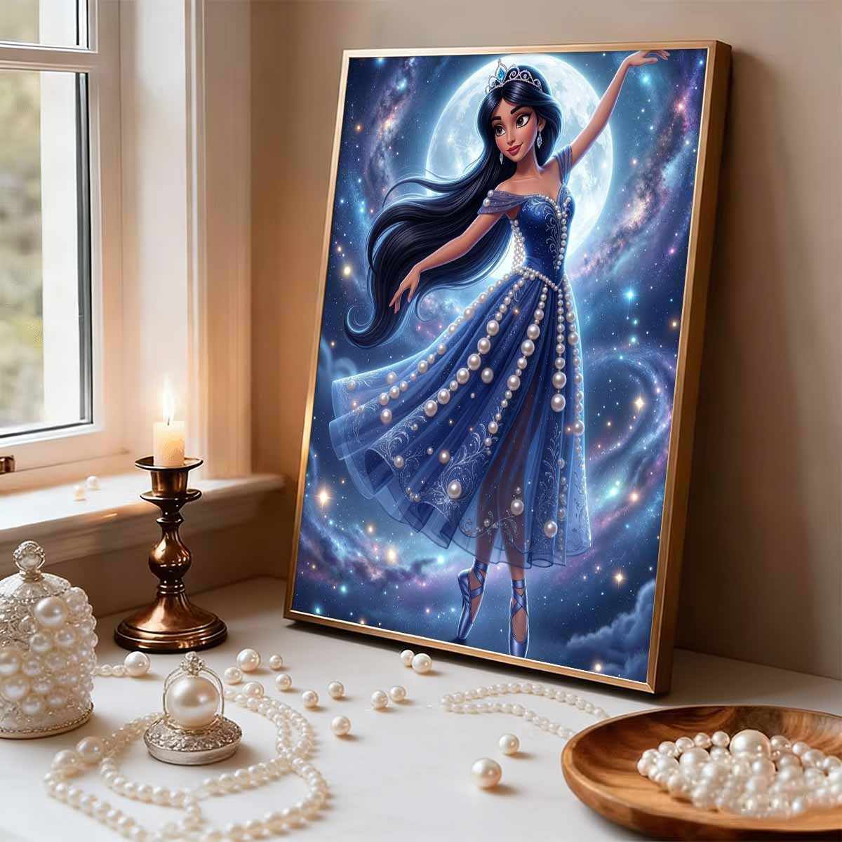 Disney Aladdin Prinsessan Jasmine Långt Svart Lockigt Hår Exotisk Arabisk Stil Pärlinlagd Dräkt Pärlpussel. Handgjord Dekorativ Gåva för Hemmet