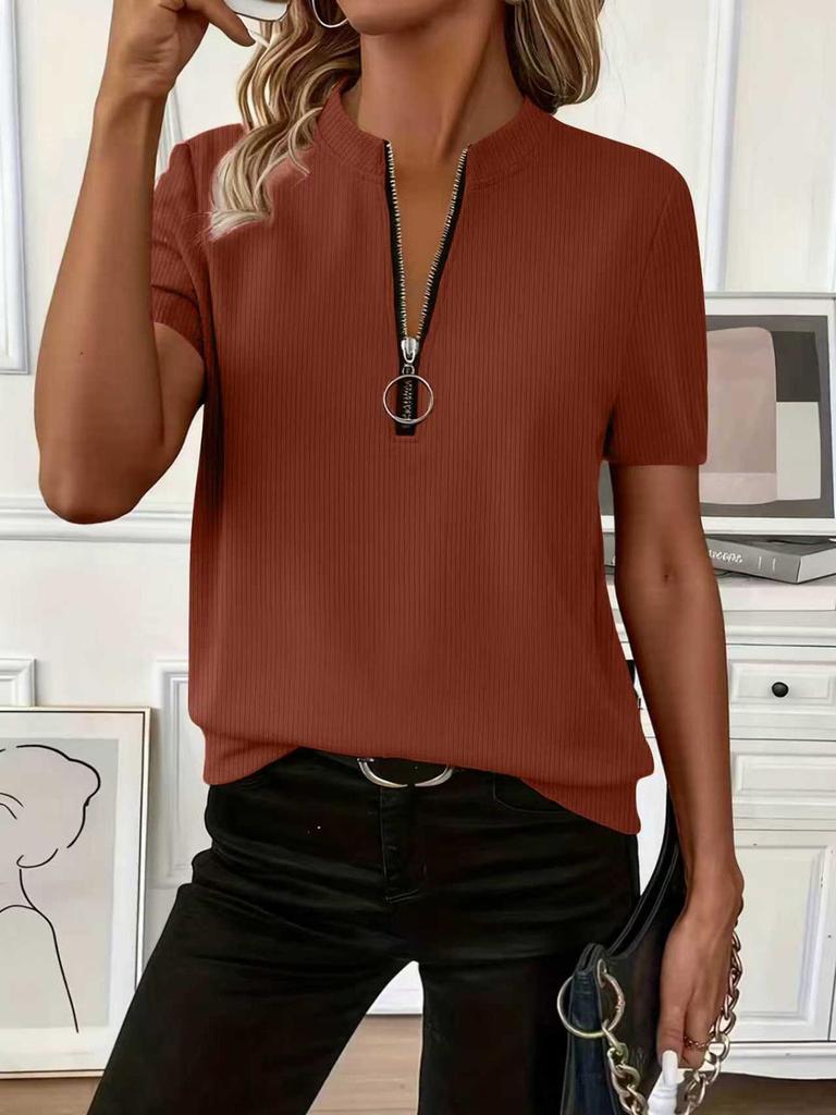 2025 European Women's Ribbed Knit Zipper Sleeve T-shirt - Solid Color, Spring/Summer Collection