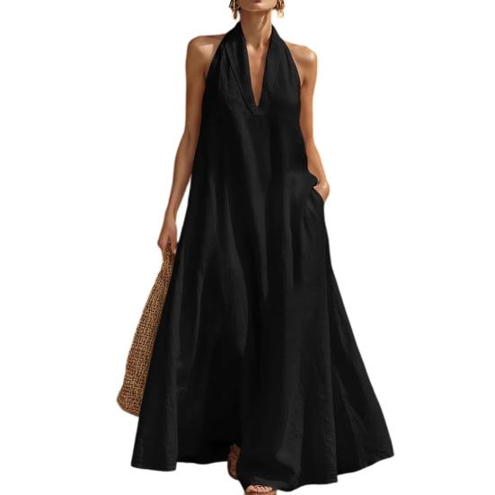 

Summer Maxi Dress for Women Casual Sleeveless Halter V Neck Lapel Long Dress Beach Vacation Flowy Sundress with Pockets L чёрный