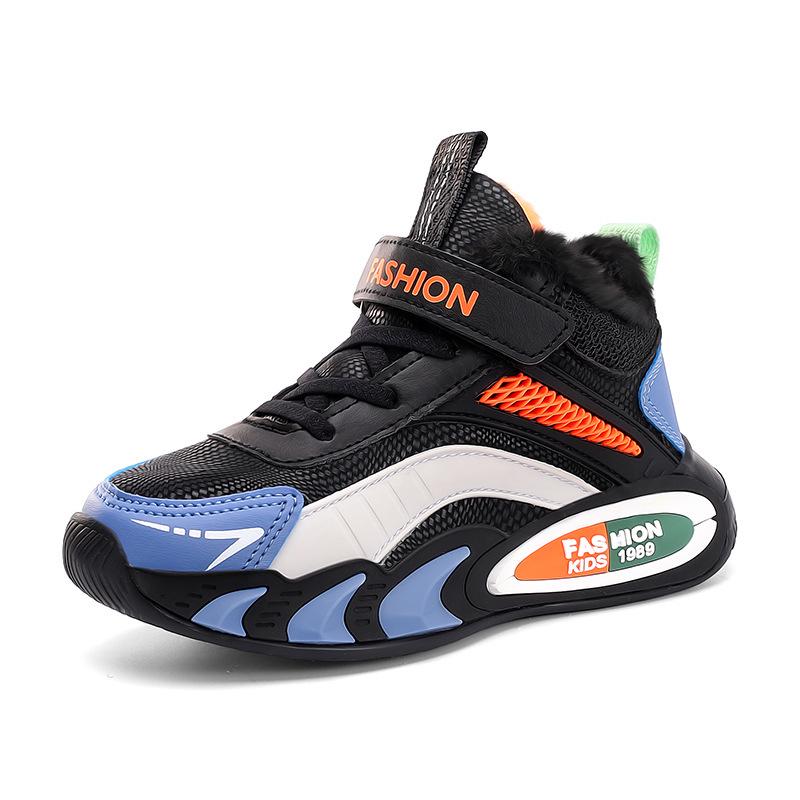 Boys' Winter 2025 Thickened Basketball Shoes - Warm Cotton with Trendy Velvet for Middle and Big Kids