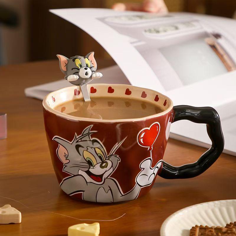 Tom a Jerry Velký keramický hrnek se lžičkou - Roztomilý studentský snídaňový hrnek, Skvělý dárek k narozeninám