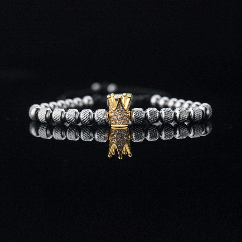 Men's Adjustable Braided Hip Hop Bracelet with Retro Copper Crown, Pineapple Beads, and Vacuum-Plated Titanium Steel.