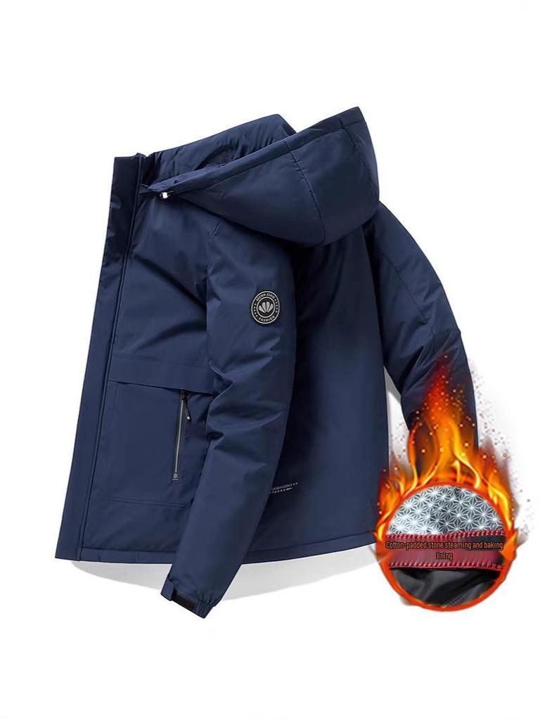 Men's Business Casual Down Jacket with Detachable Hood - Graphene Insulated, Thick Padded Cotton Coat for Winter