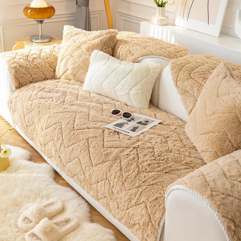 Super Soft Plush Sofa Towel Solid Color Modern Non-slip Couch Cushion Cover Thicken Warm Winter Bay Window Mat for Living Room
