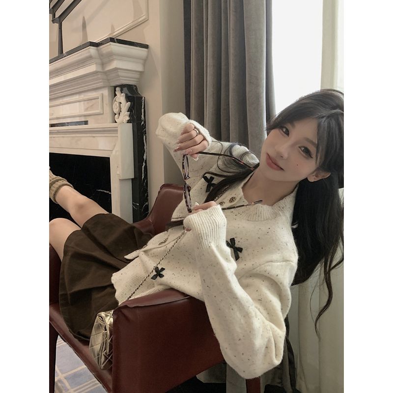 Gentle Sweet Bows Single-Breasted Long Sleeve Sweater Knitwear Women's Autumn Fancy Graceful Slim-Fit Tops