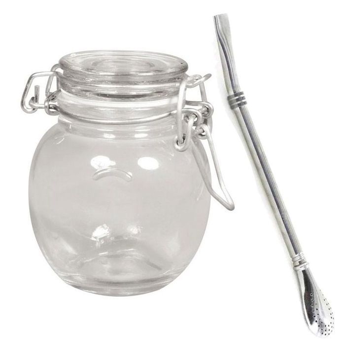 Bocal verre avec couvercle + paille inox avec filtre