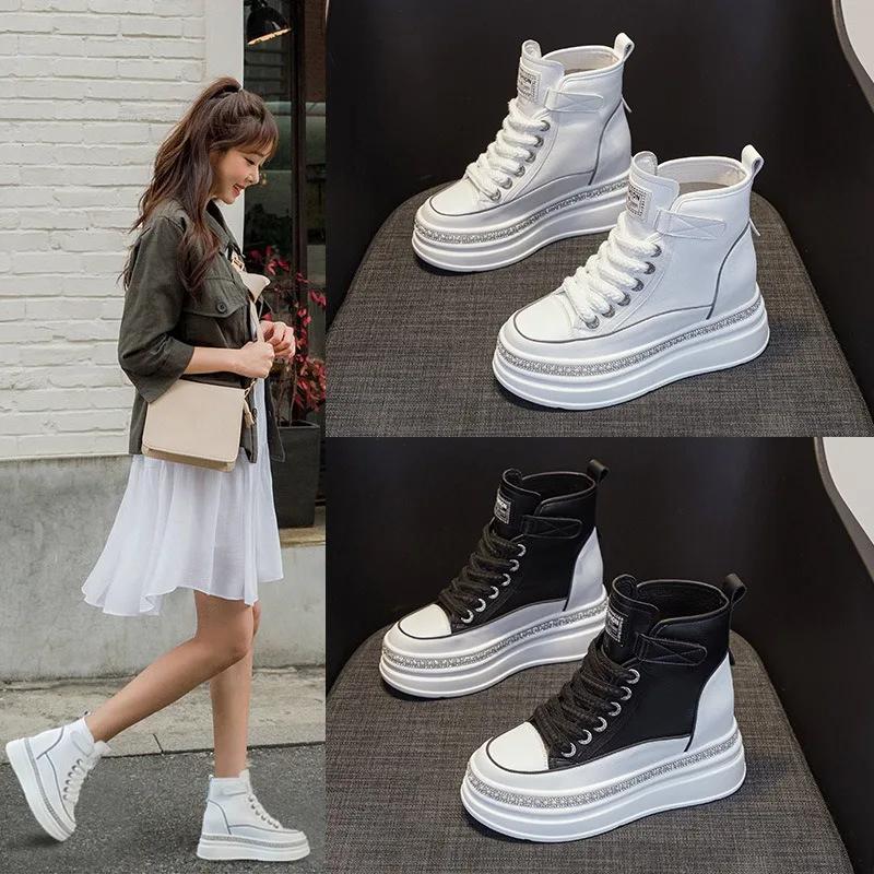 Fashion 8CM High Top Women Genuine Leather Platform Boots Wedge Hidden Heel Hook Spring Autumn Bling Women Shoes Sneakers Ankle Boots