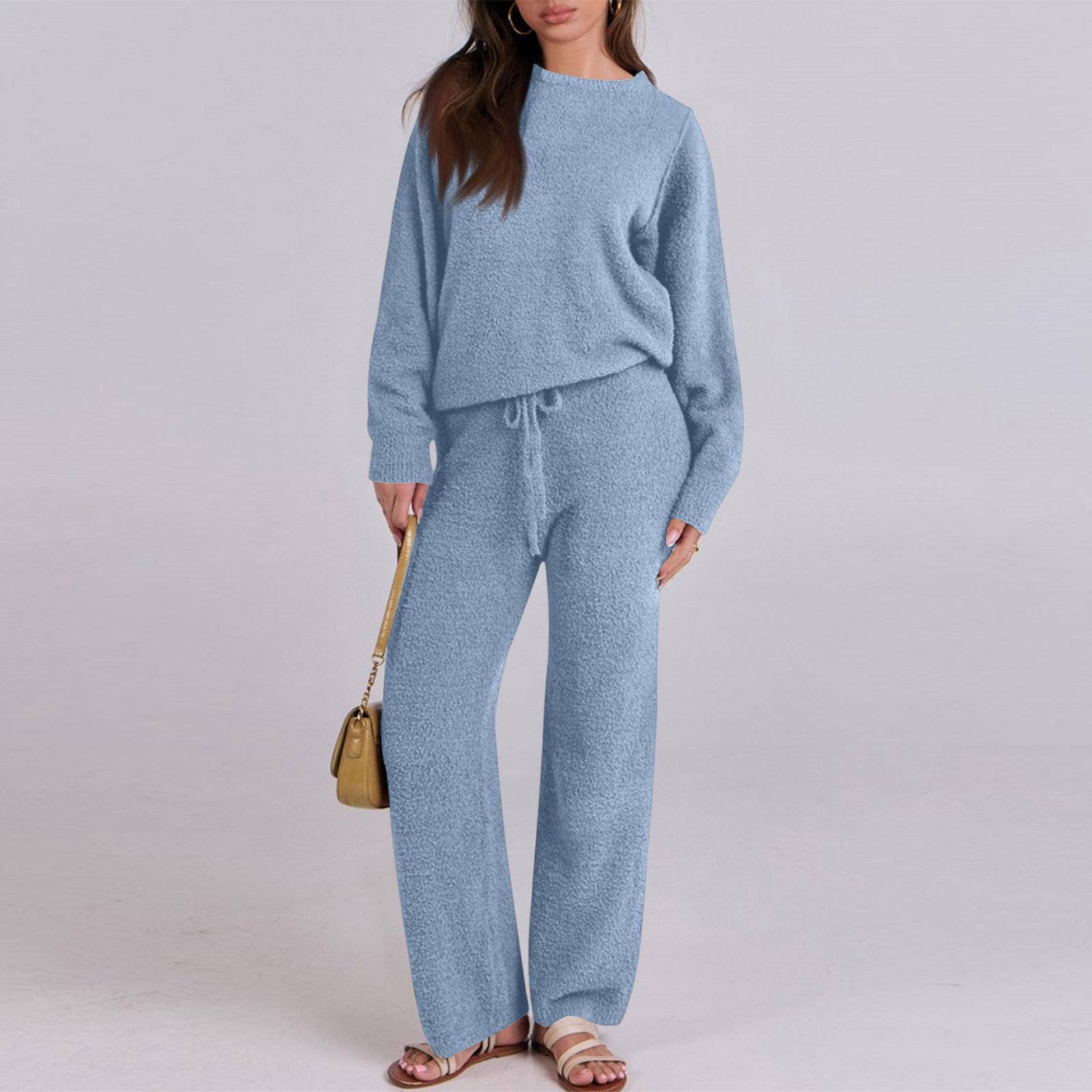

Женский повседневный однотонный комплект с круглым вырезом, утолщенный и теплый XL небесно-голубой
