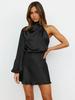 2024 Spring Women's Satin One-Shoulder Mini Dress with Long Sleeves