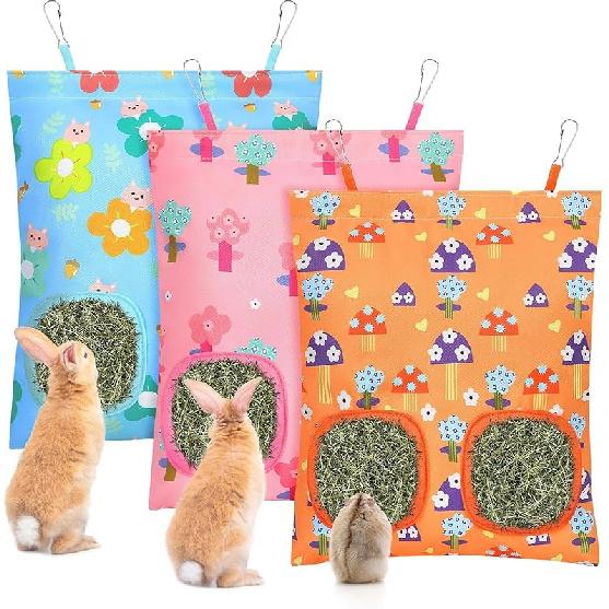 UP 3Pcs Hay Bag for Rabbits - 2-Hole Guinea Pig Hanging Hay Feeder for Rabbits, Chinchillas, Hamsters & Small Pets
