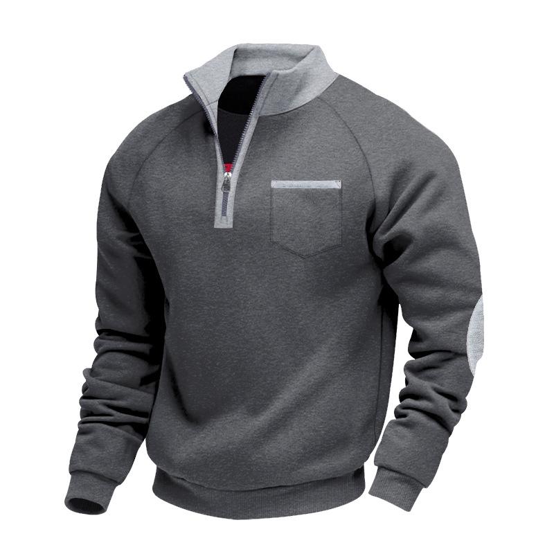 Men's Heavyweight Fleece-Lined Thermal Zip-Up Stand Collar Personalised Patchwork Stylish Casual Long-Sleeved Sweatshirt