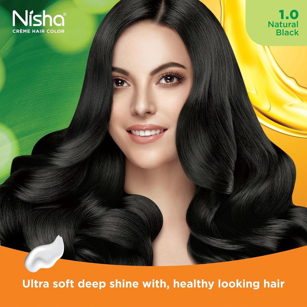 Nisha Cream 1.0 Natural Black Hair Color Kit Ammonia Free Permanent Shine Grey Coverage For Women Men Home Use
