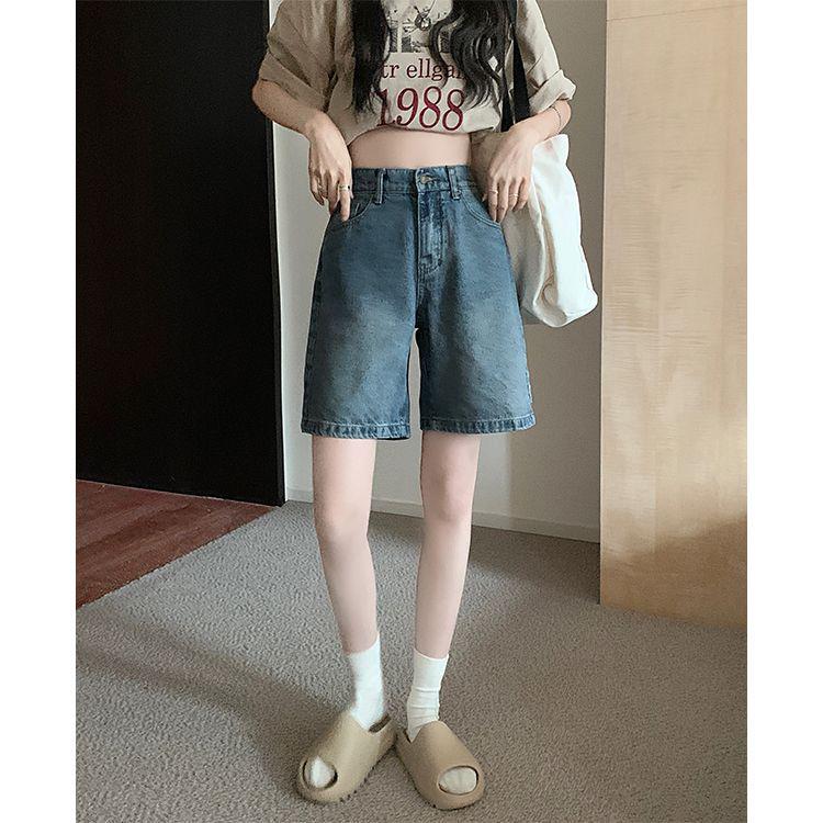 Women's High-Waist Retro Denim Shorts - Loose, Elastic, Mid-Length, Slimming and Versatile for Summer